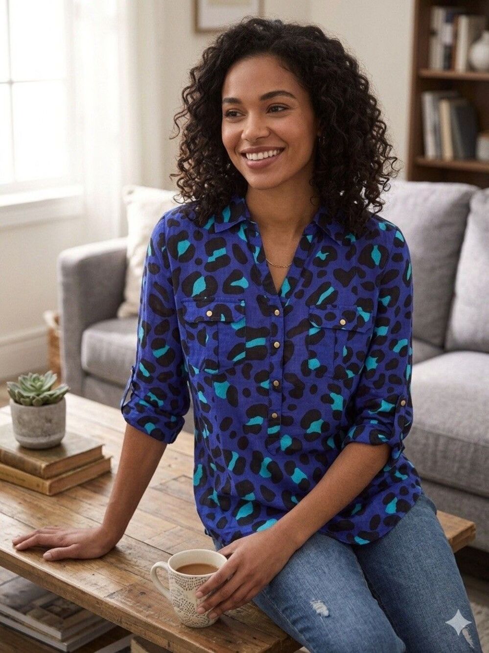 NWT Magazine Vintage Y2K Royal Blue Animal Print 100% Cotton Chic Blouse Women M